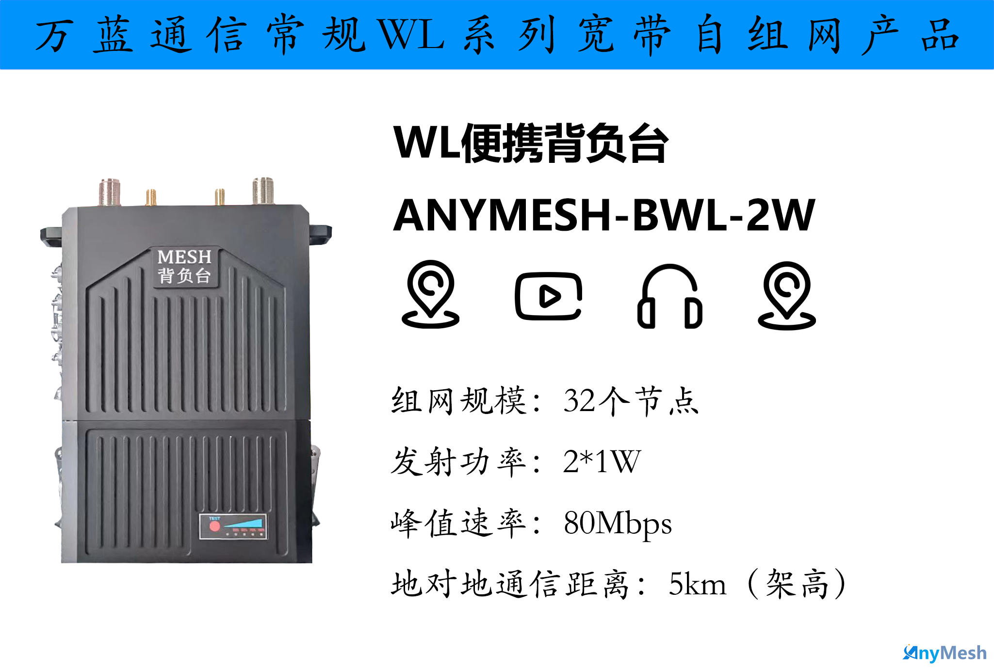 ANYMESH-BWL-2W便携背负式自组网电台 2W自组